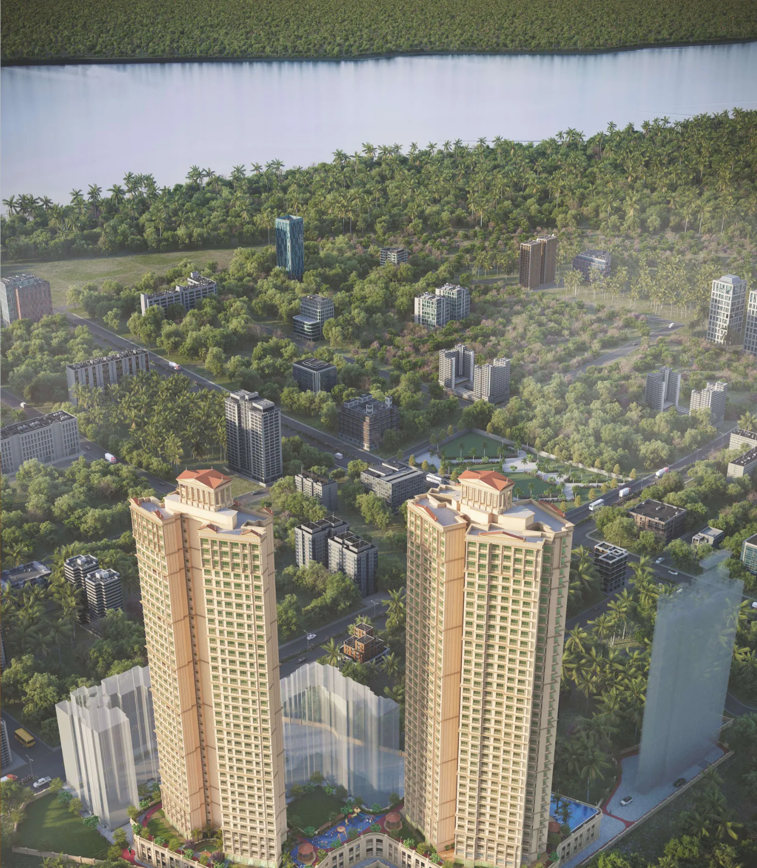 Aerial view of the twin towers beside Vasai Creek mangroves
