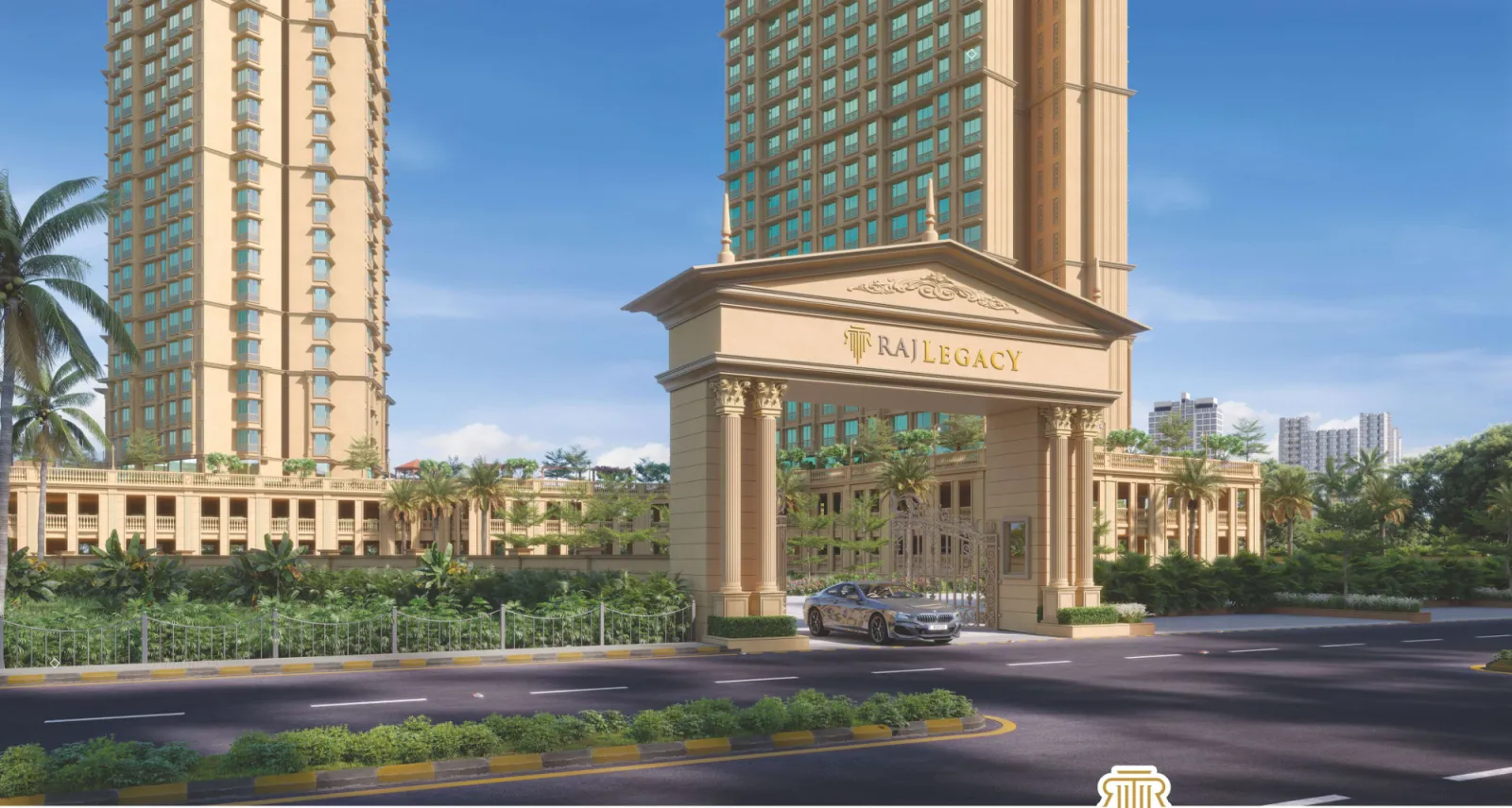 Grand classical entrance archway of Raj Legacy
