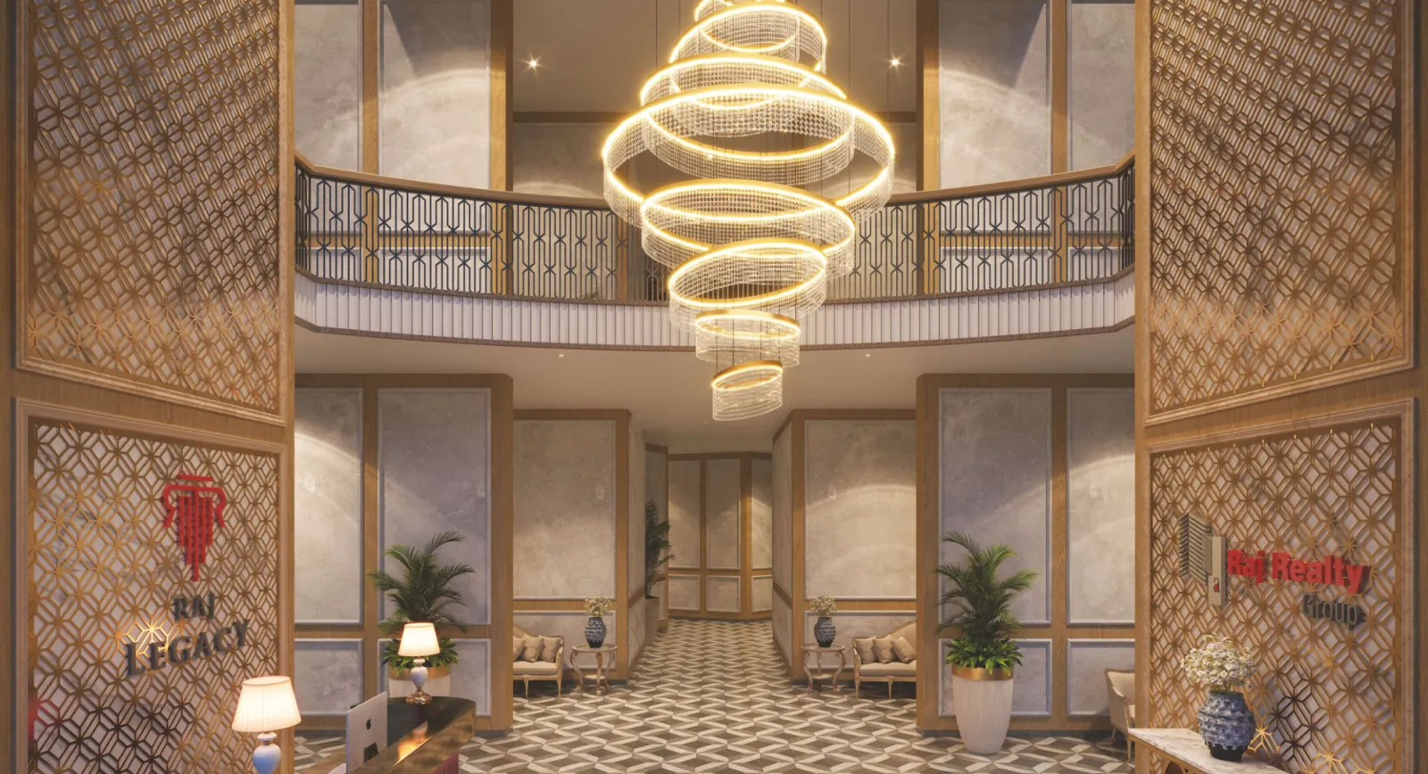 Double-height designer lobby with chandelier at Raj Legacy